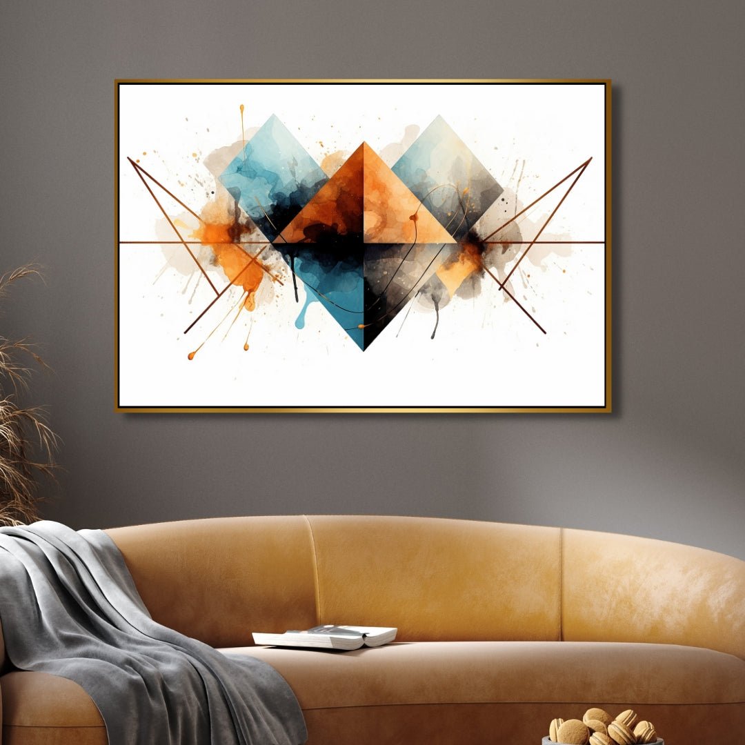 Bold Geometric Orange and Blue Abstract Oil Painting for Modern Home Decor