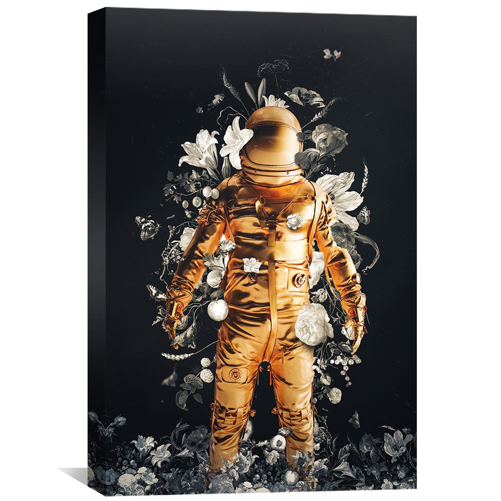 Cosmic Flora: Stunning Oil Painting of an Astronaut Surrounded by Floral Artistry