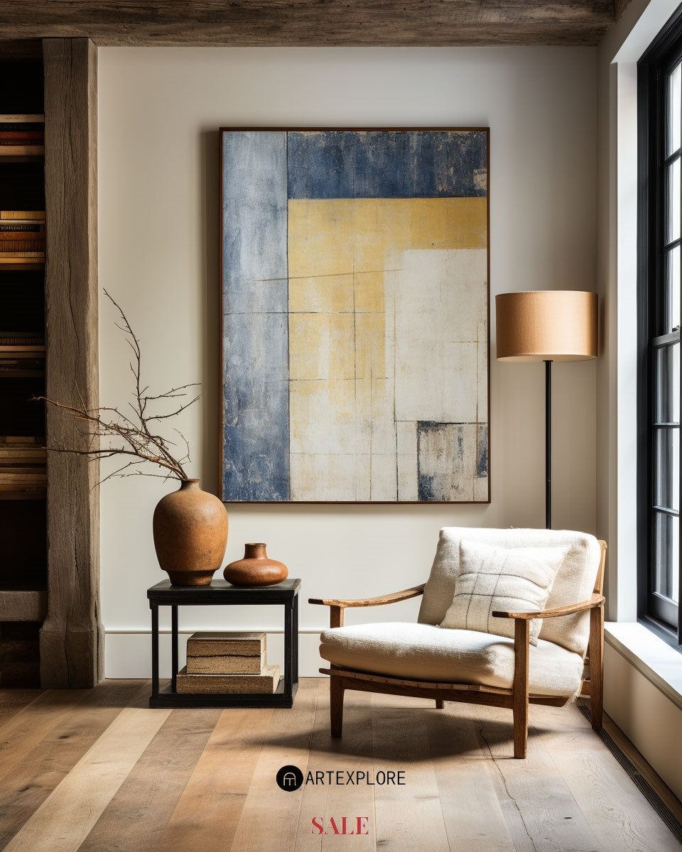 Contemporary Blue and Yellow Abstract Oil Painting for Modern Home Décor