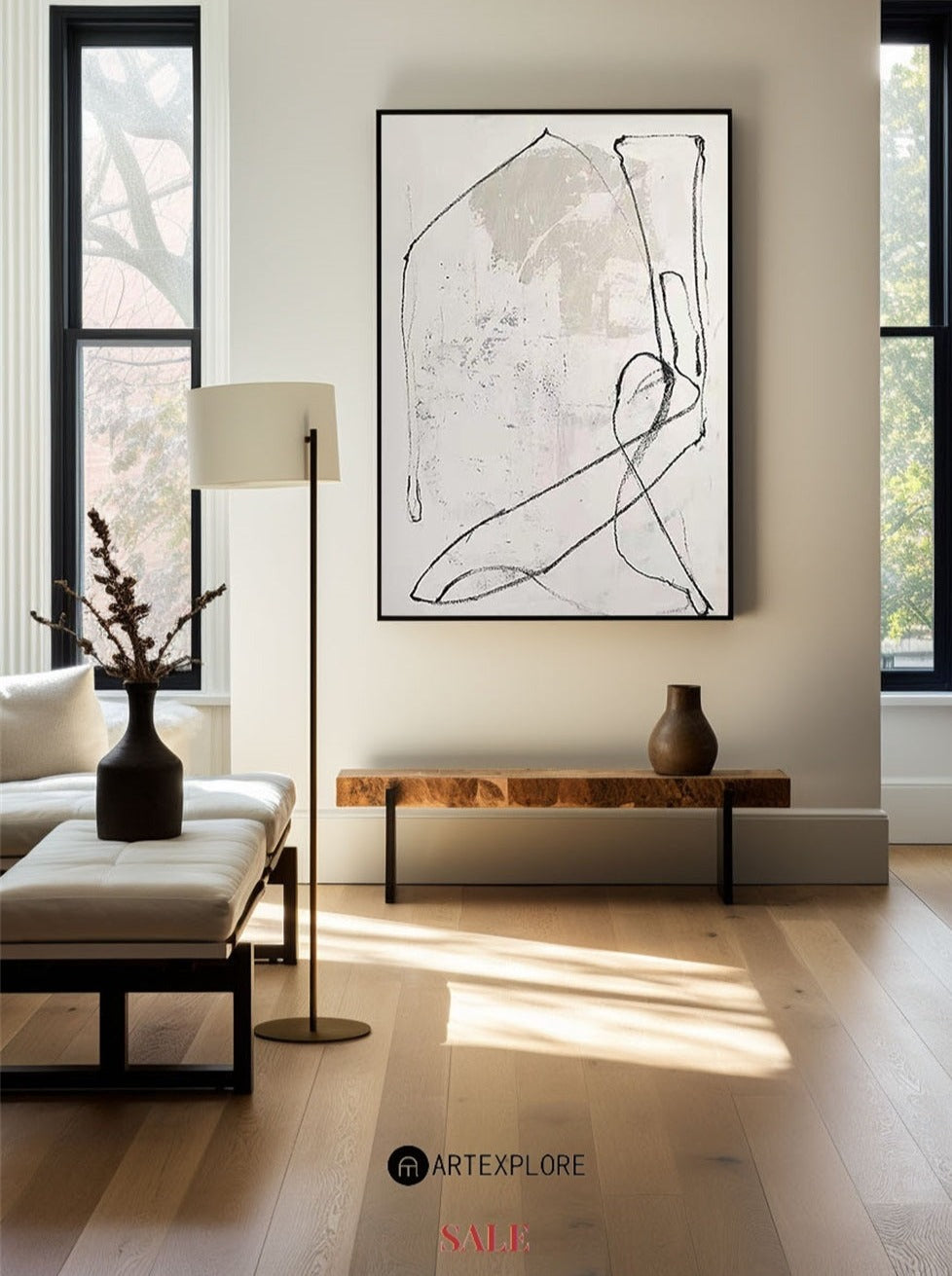 Contemporary White Abstract Oil Painting with Minimalist Line Art Design