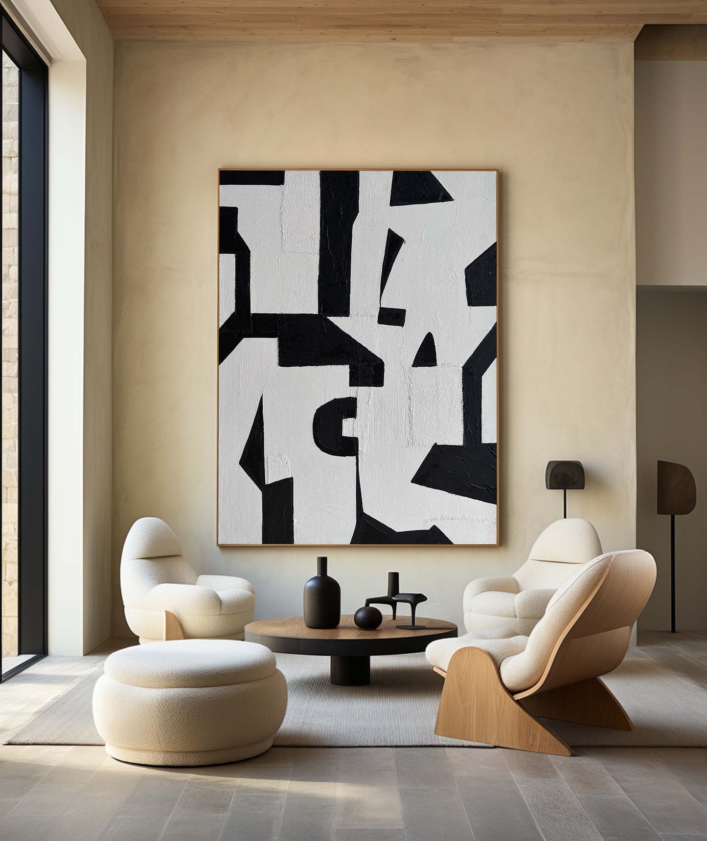 Black and White Modern Abstract Oil Painting for Contemporary Home Decor
