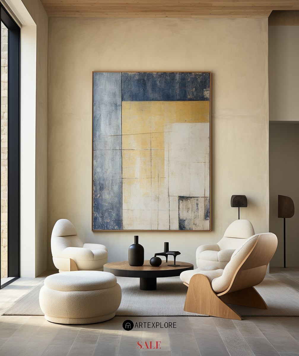 Contemporary Blue and Yellow Abstract Oil Painting for Modern Home Décor
