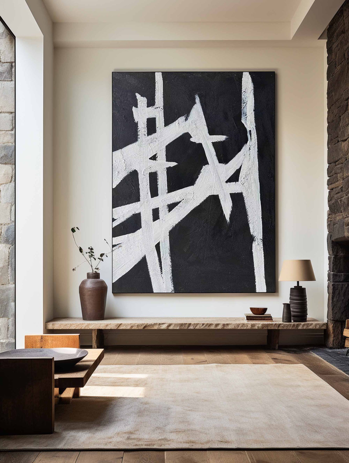 Contemporary Black and White Abstract Oil Painting for Modern Home Décor