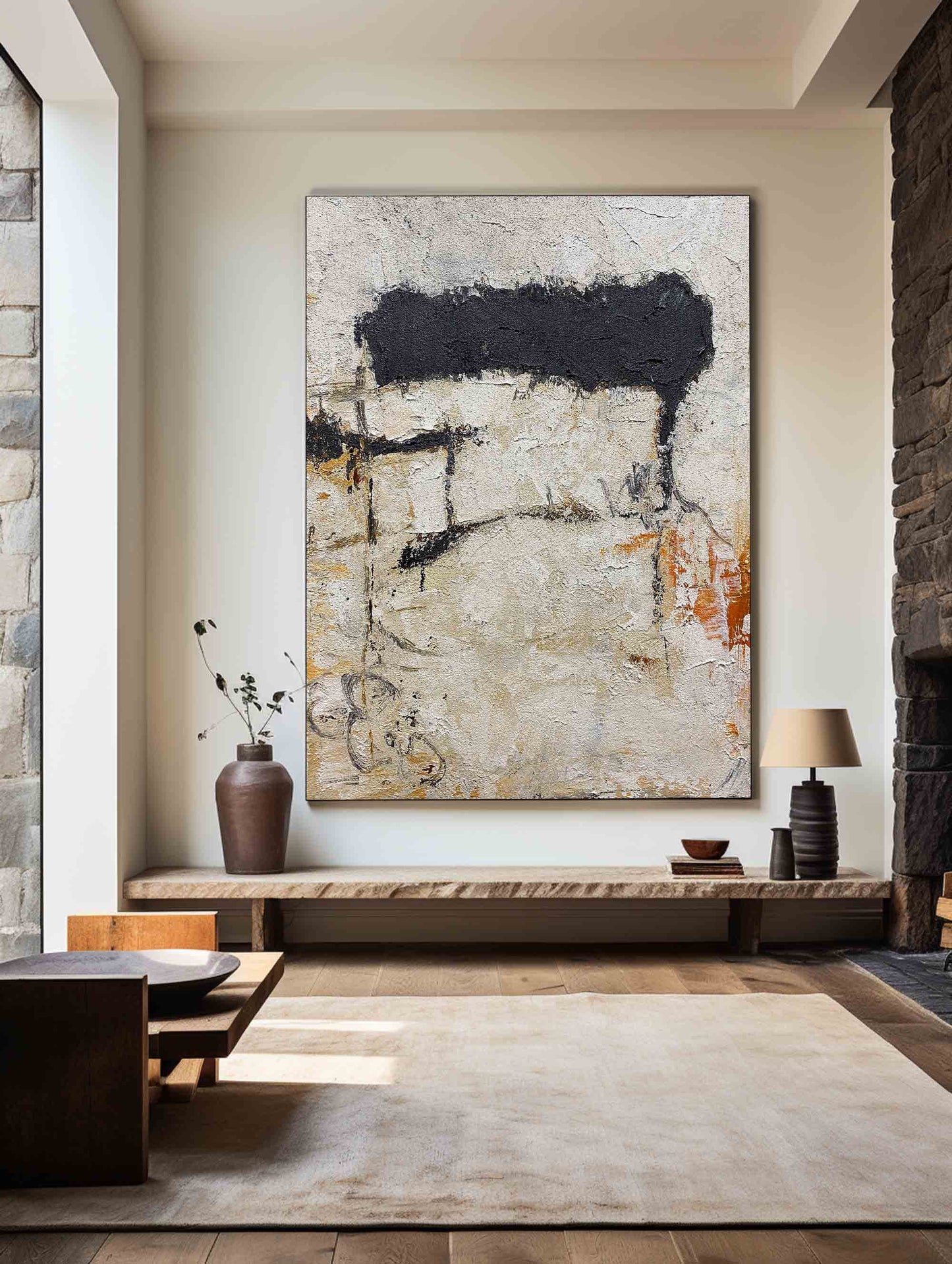 Abstract Black and White Minimalist Oil Painting for Modern Home Décor