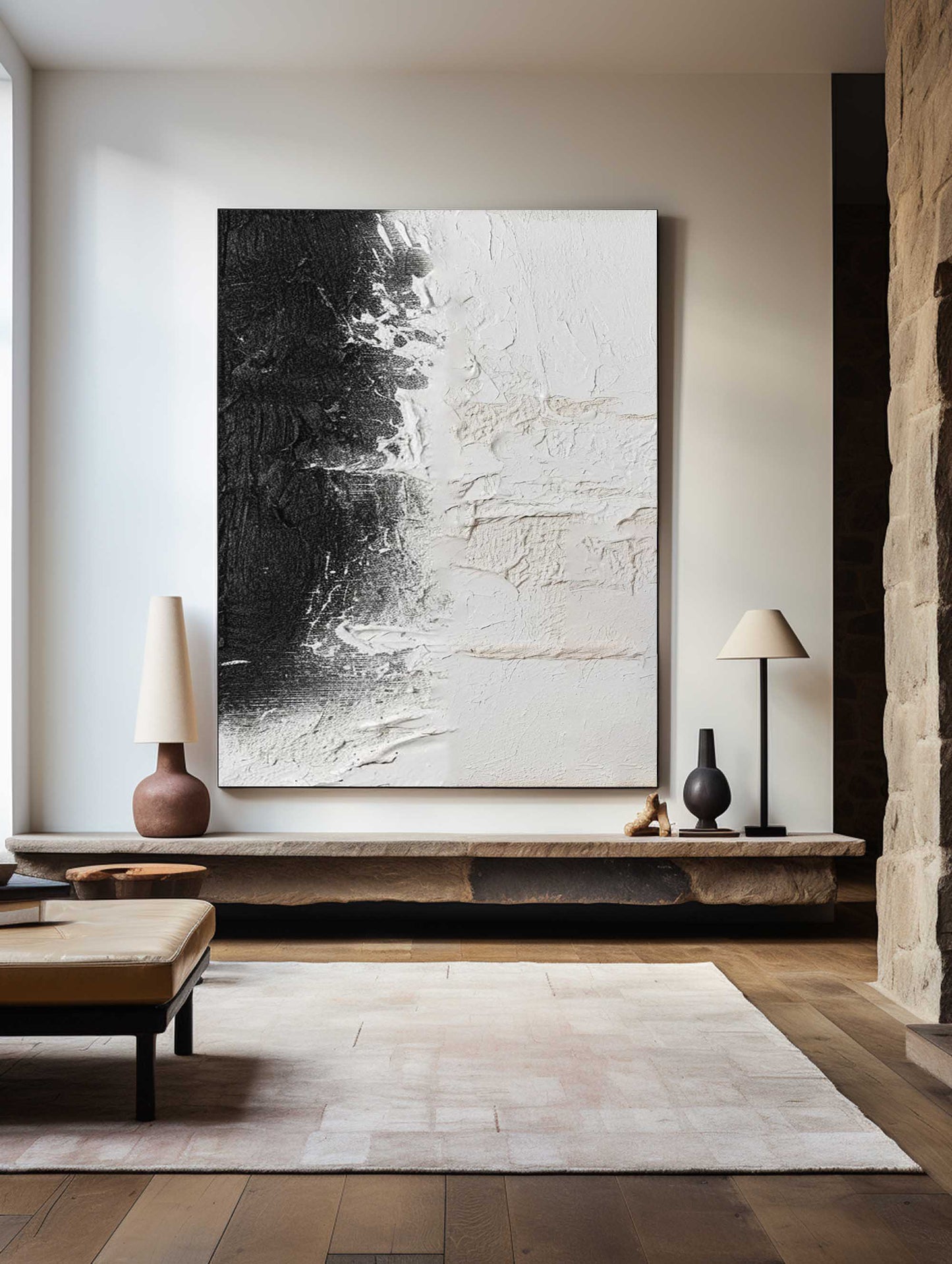 Black and White Modern Abstract Oil Painting for Contemporary Home Decor