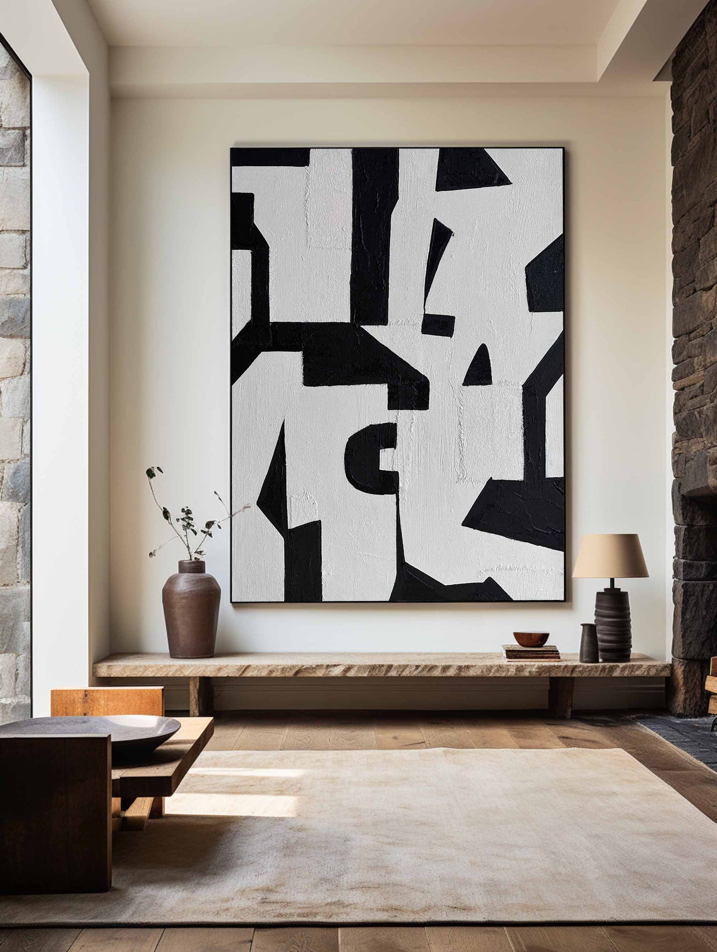 Black and White Modern Abstract Oil Painting for Contemporary Home Decor