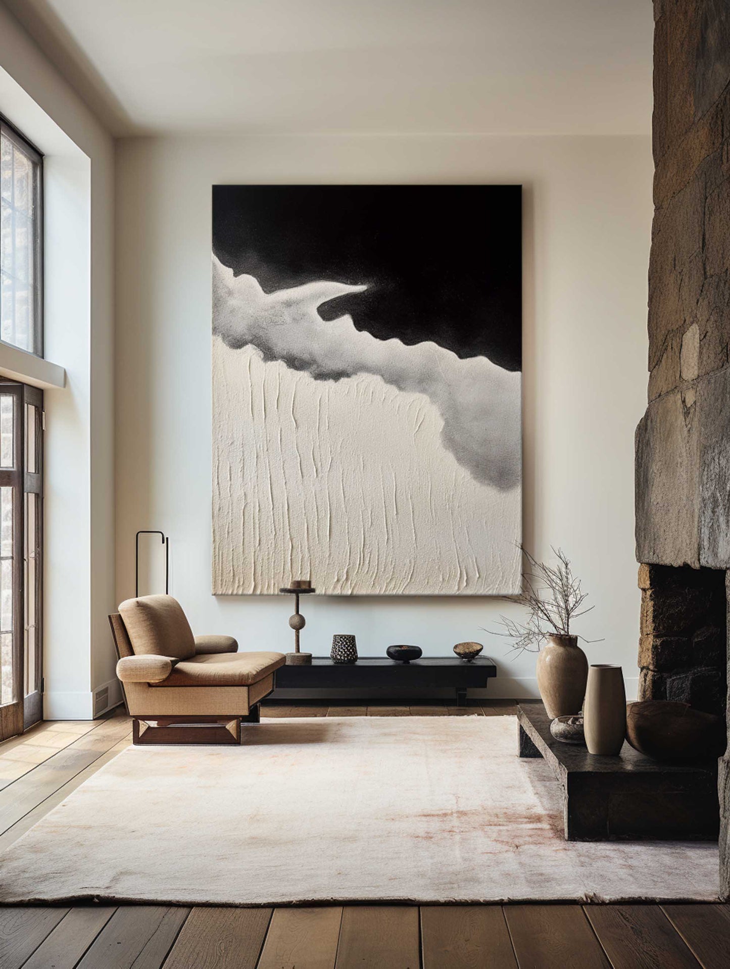 Modern Black and Beige Coastal Seascape Oil Painting for Contemporary Decor