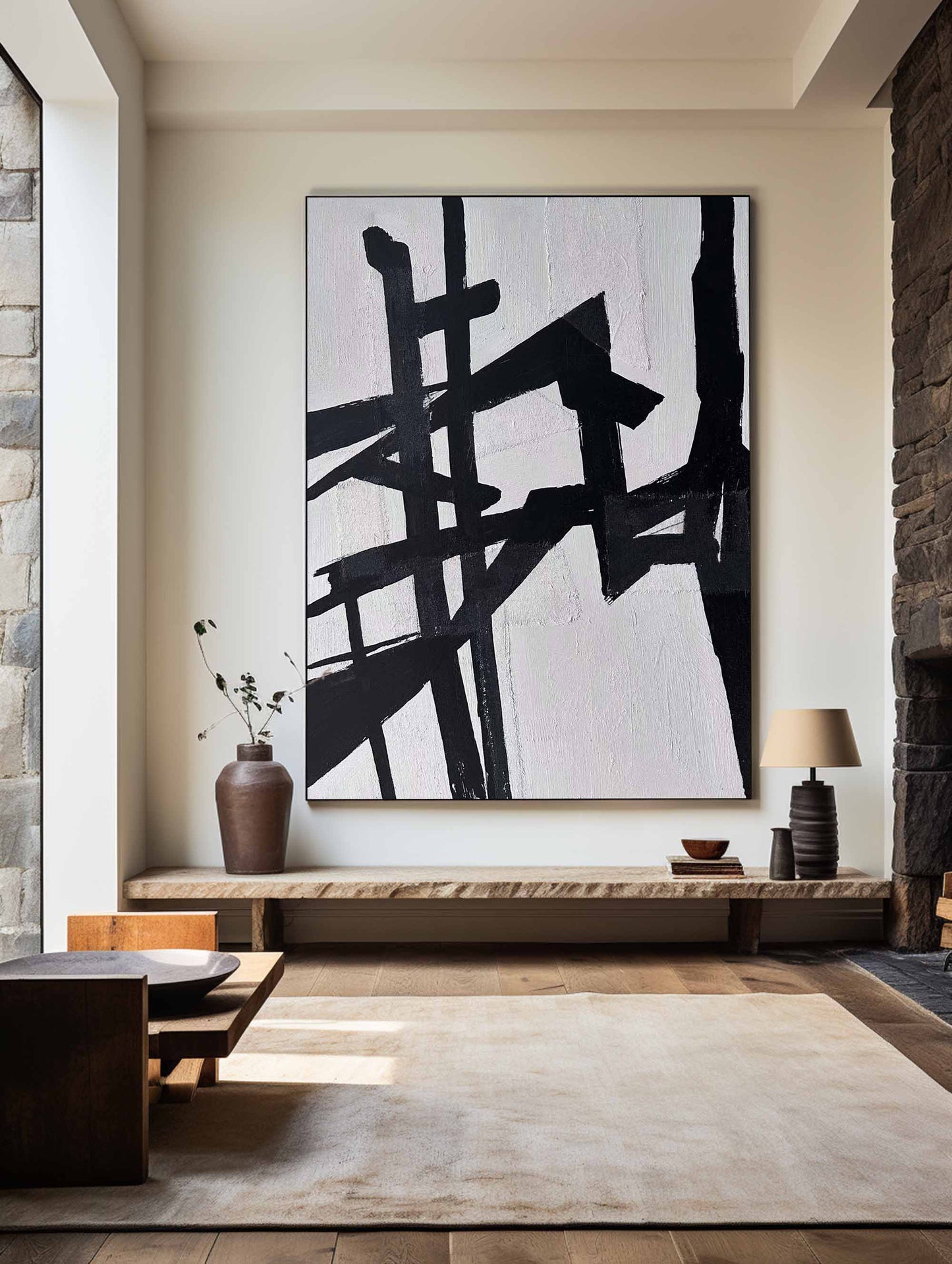 Contemporary Black and White Abstract Oil Painting for Modern Home Decor