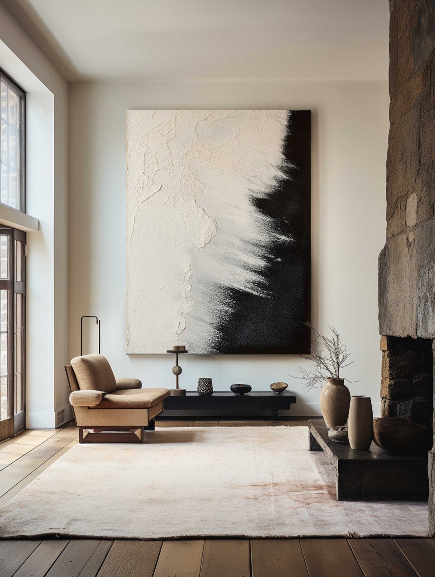 Abstract Black and Beige Ocean Landscape Oil Painting for Modern Home Decor