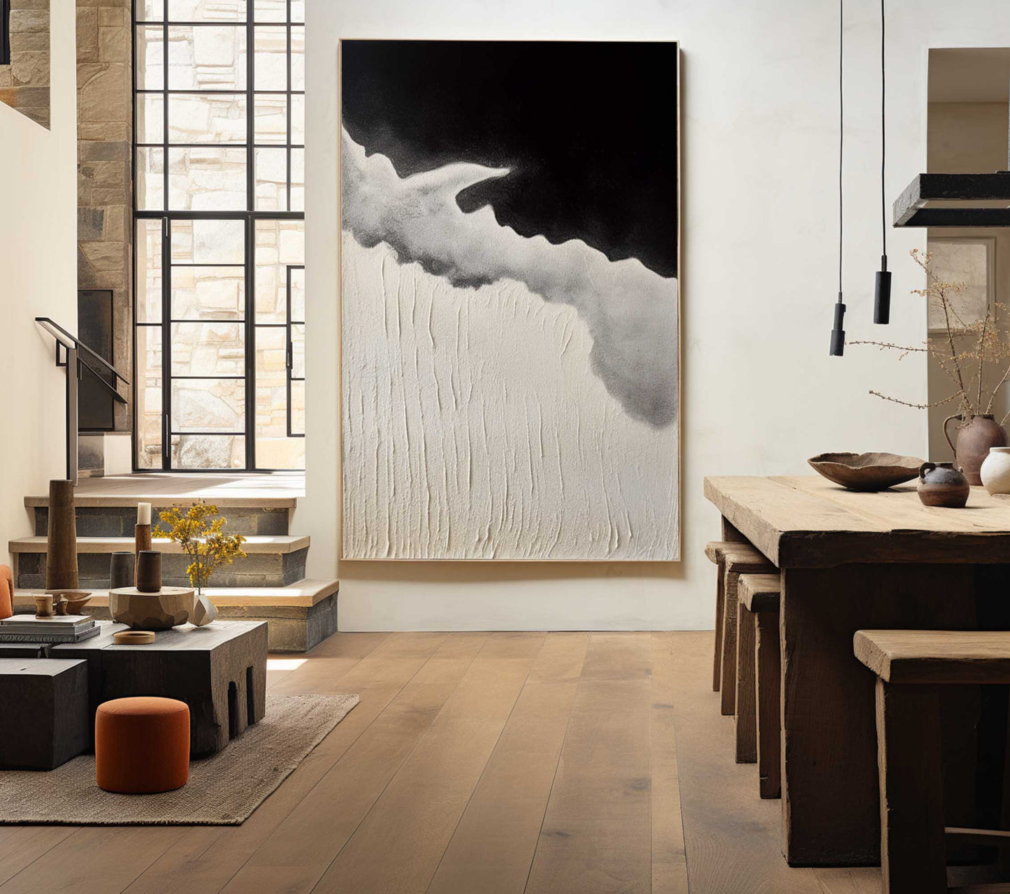 Modern Black and Beige Coastal Seascape Oil Painting for Contemporary Decor