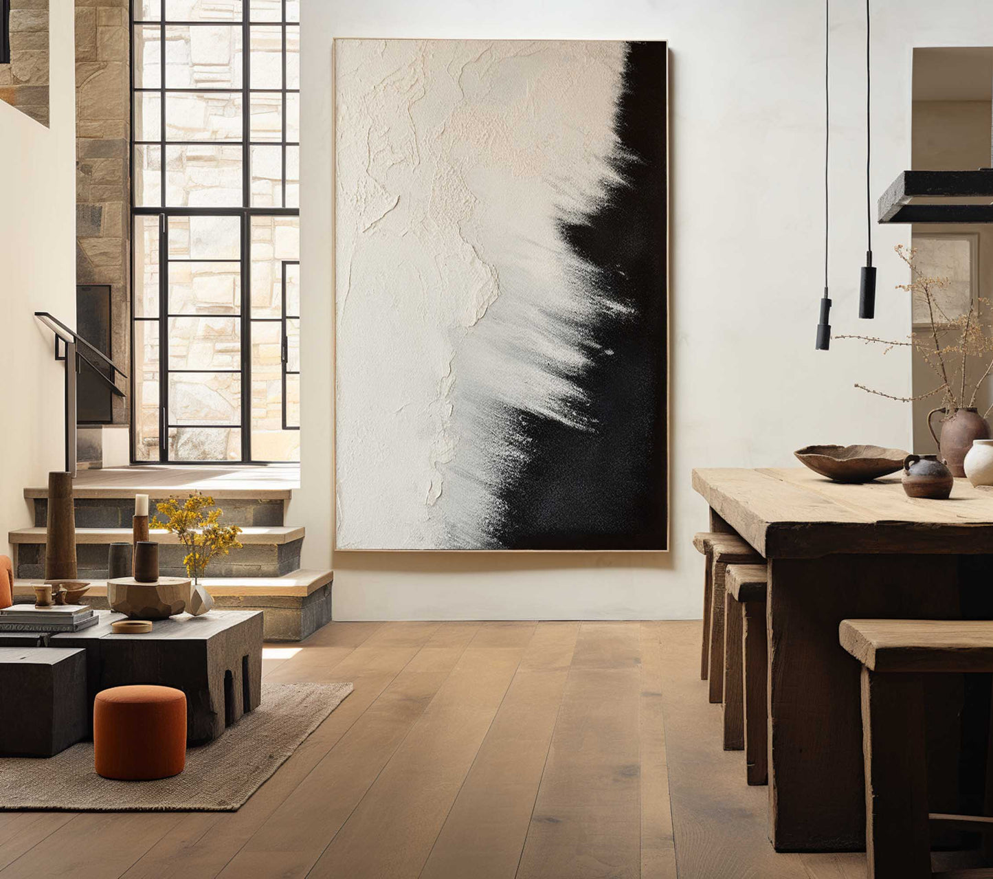 Abstract Black and Beige Ocean Landscape Oil Painting for Modern Home Decor