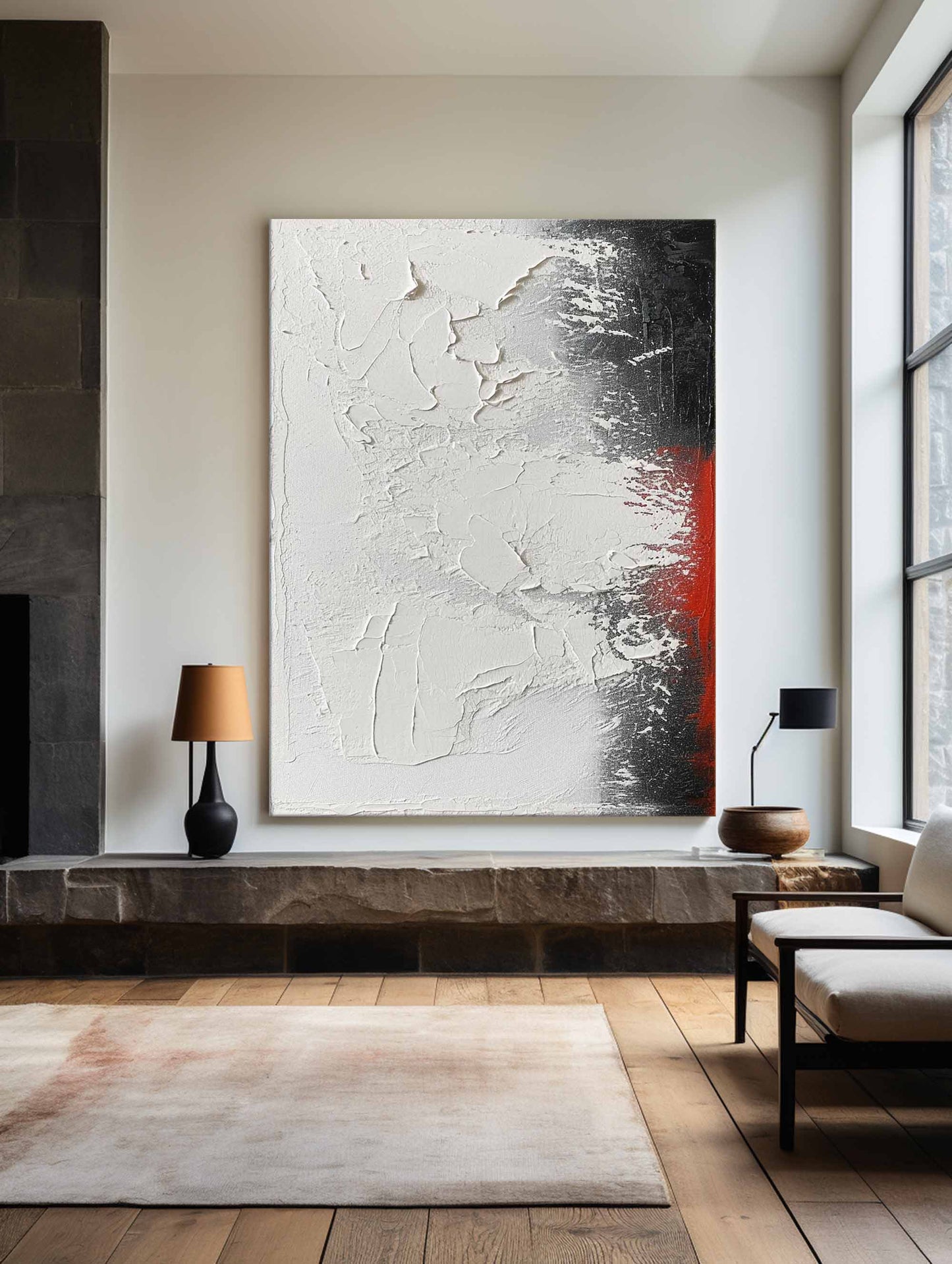 Contemporary Textured Abstract Oil Painting with Bold Black and Red Accents