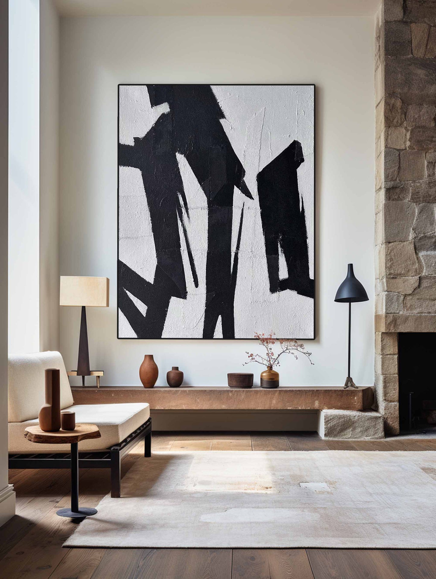 Bold Black and White Abstract Oil Painting for Modern Home Decor