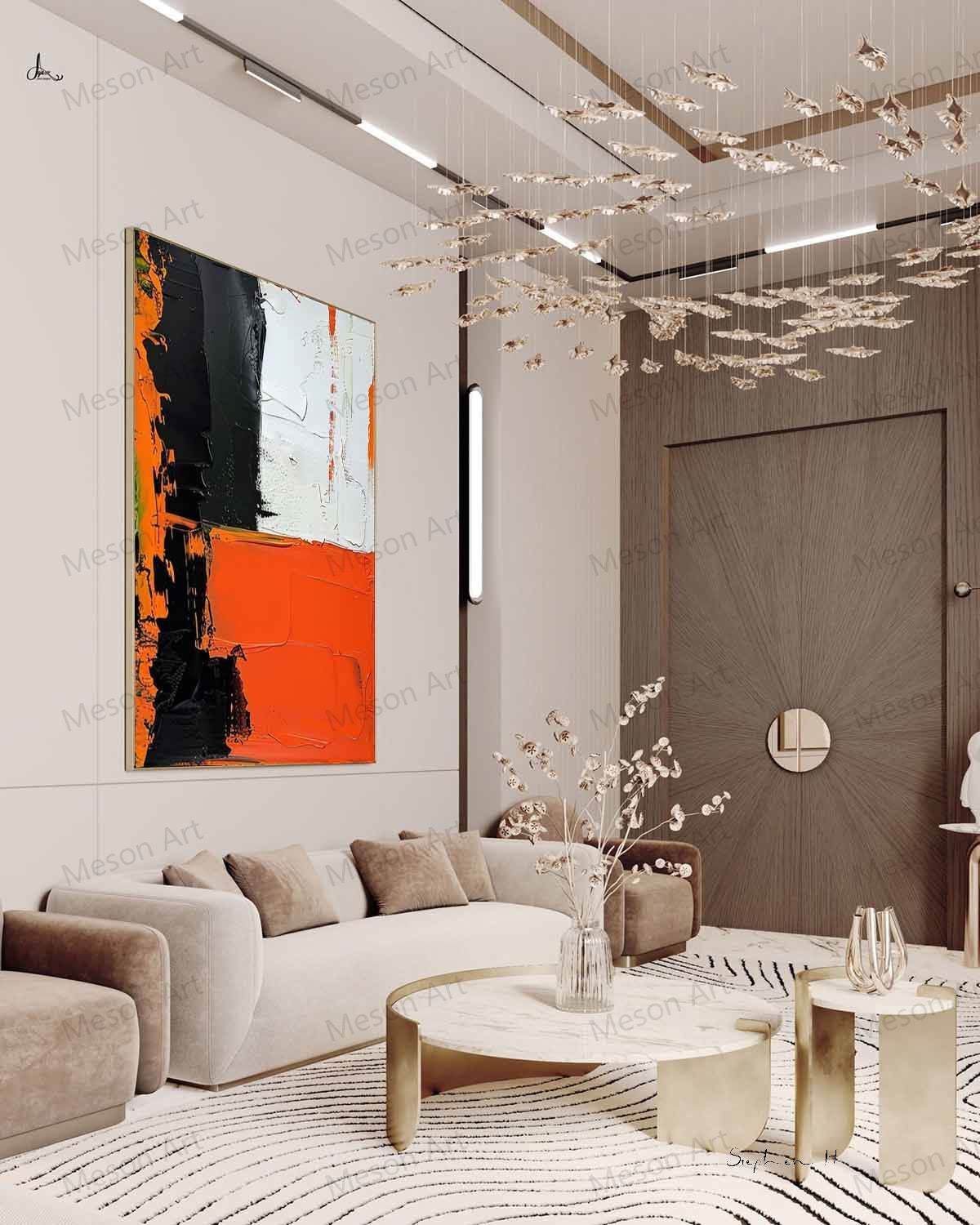 Bold Abstract Oil Painting with Black, White, and Orange Accents for Modern Decor