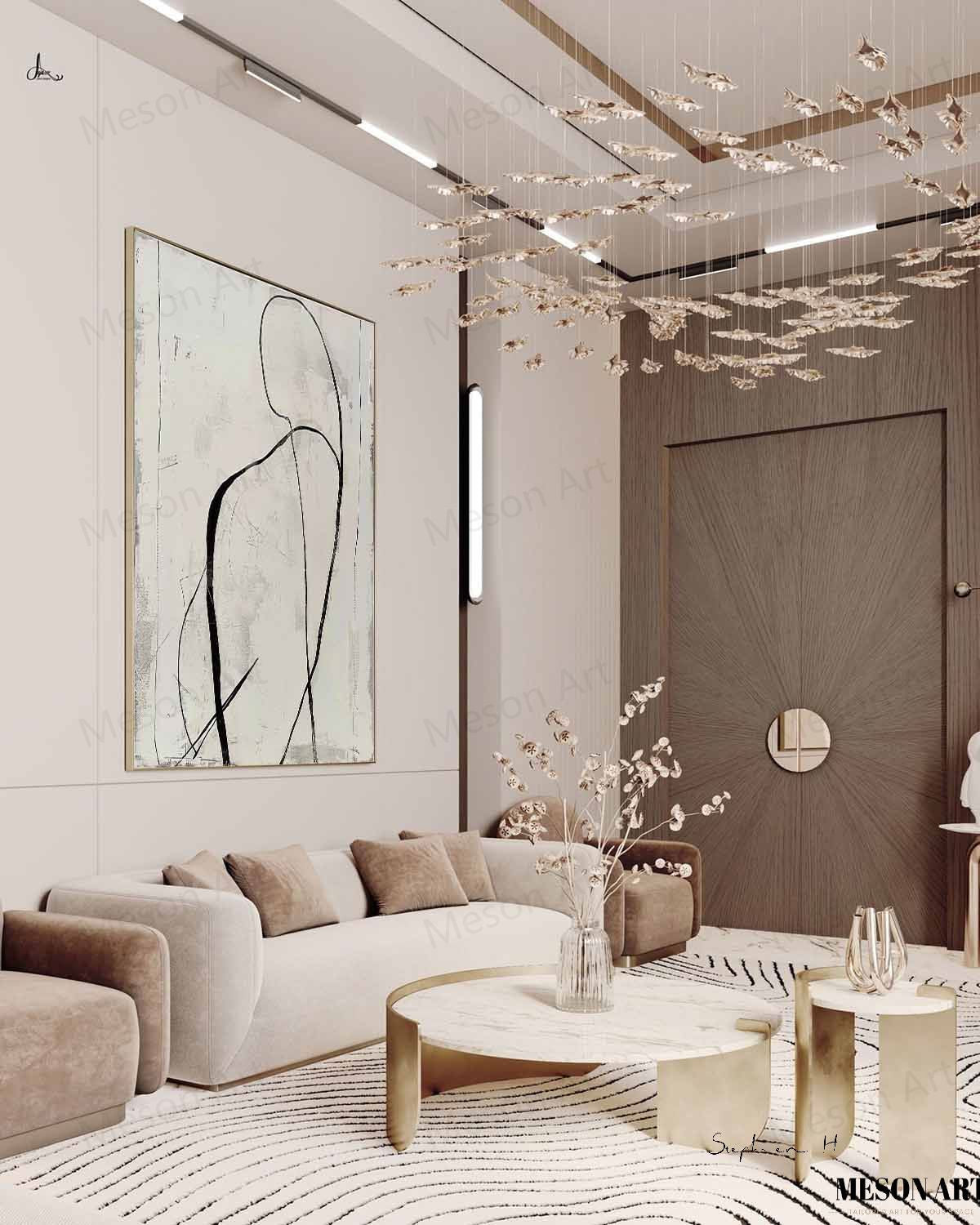 Elegant Black and White Abstract Minimalist Oil Painting for Modern Home Decor