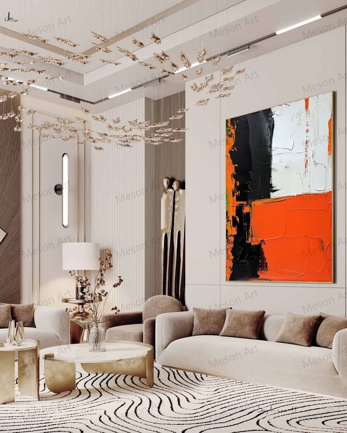 Bold Abstract Oil Painting with Black, White, and Orange Accents for Modern Decor