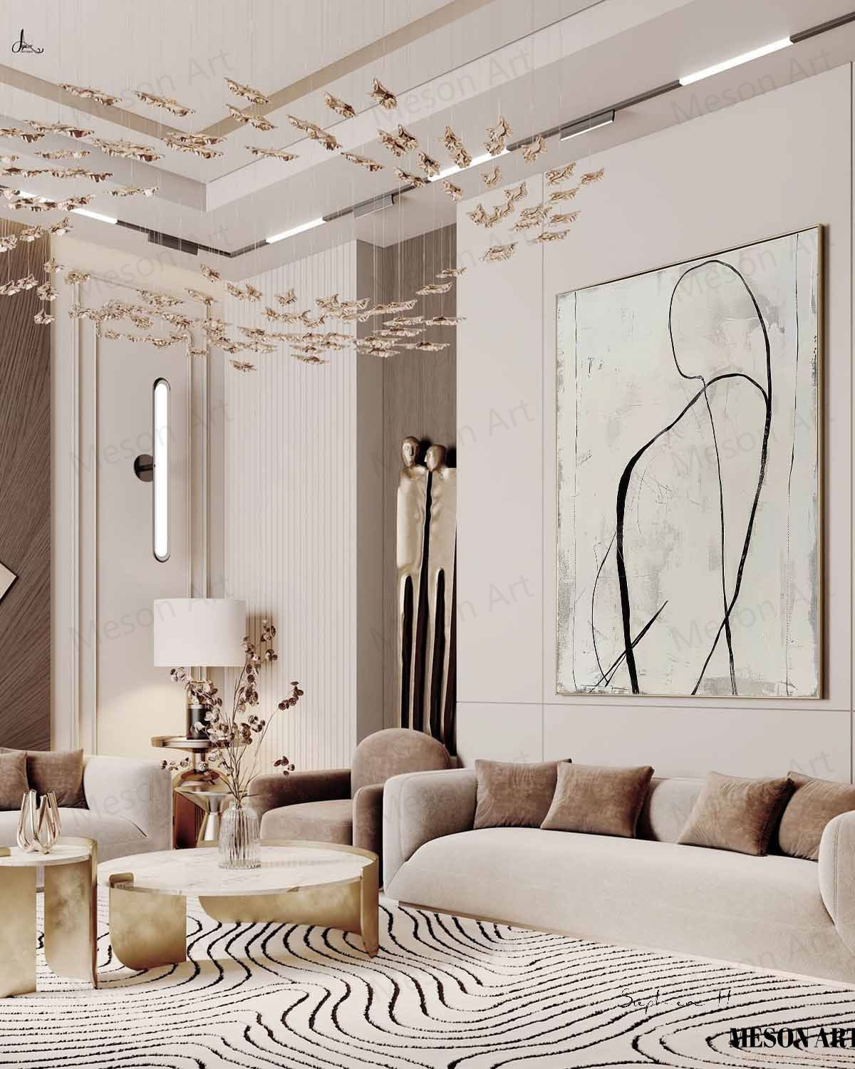 Elegant Black and White Abstract Minimalist Oil Painting for Modern Home Decor