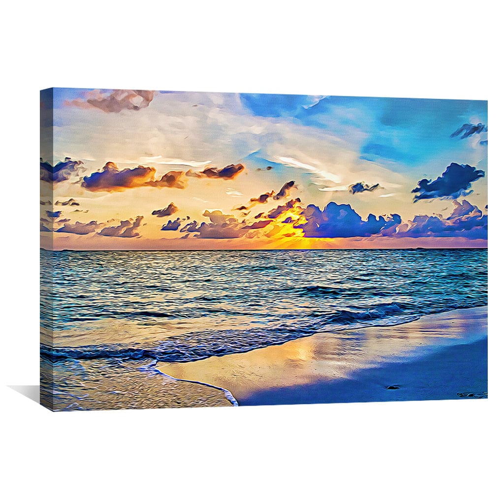 Serene Ocean View Oil Painting - Vibrant Sunset Reflection on Tranquil Waves