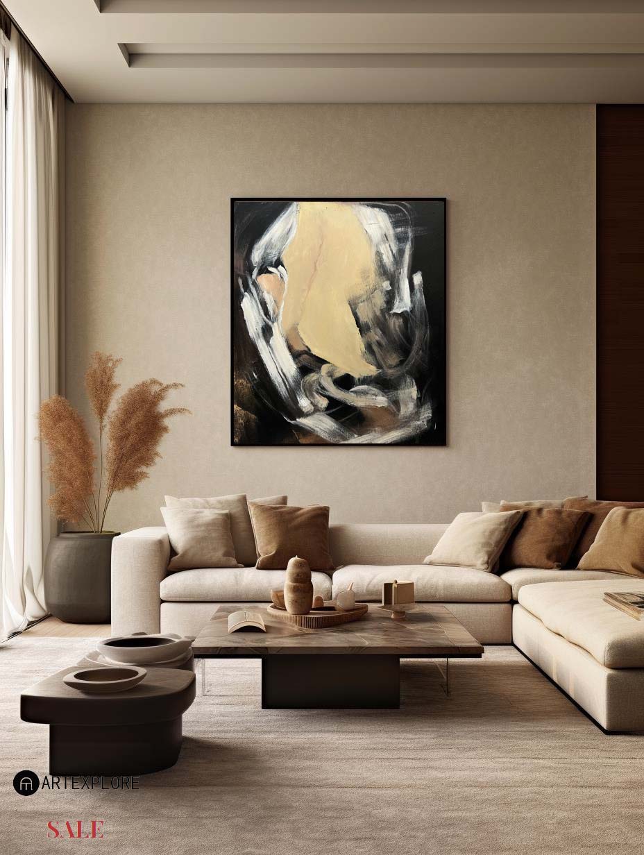 Contemporary Black and Gold Abstract Oil Painting for Modern Home Decor