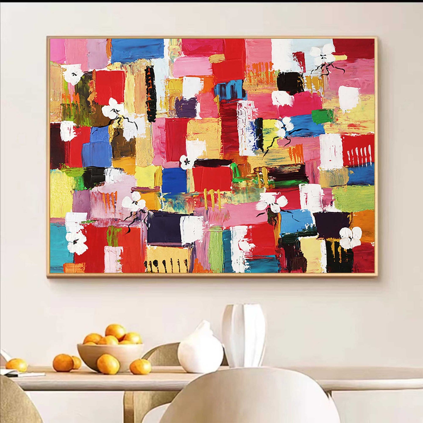 Colorful Abstract Oil Painting with Floral Elements for Modern Home Decor