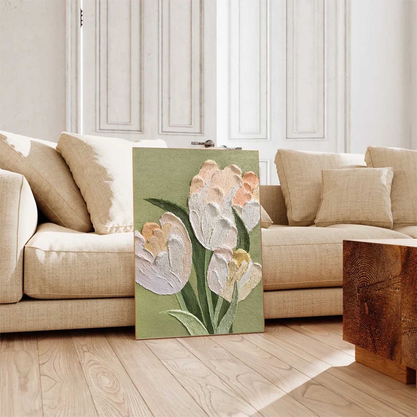 Elegant White Tulip Oil Painting on Green Canvas for Floral Home Decor
