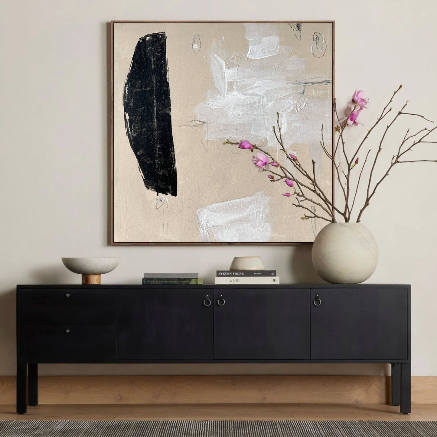 Contemporary Minimalist Black and White Abstract Oil Painting for Modern Home Décor