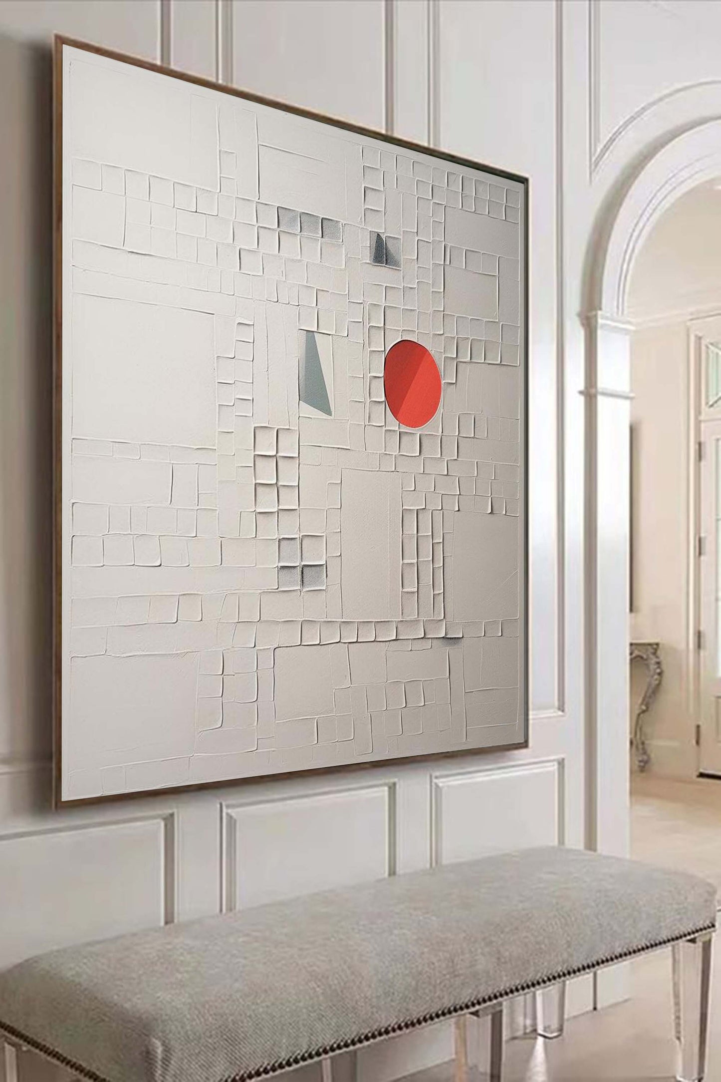 Abstract Textured Oil Painting with Bold Red Circle and Geometric Elements