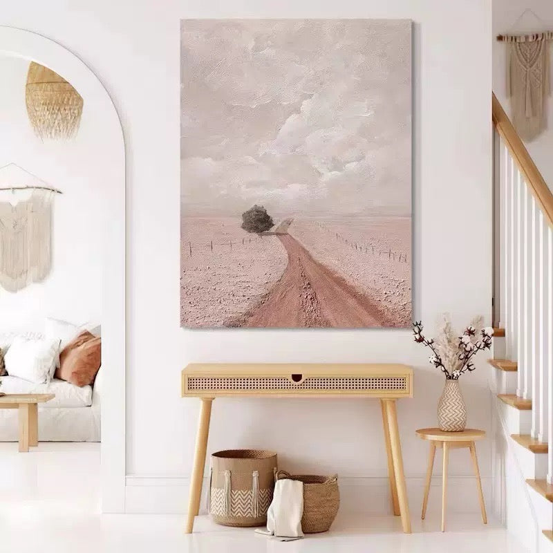 Pink Plains Peaceful Countryside Minimalist Scenic Oil Painting