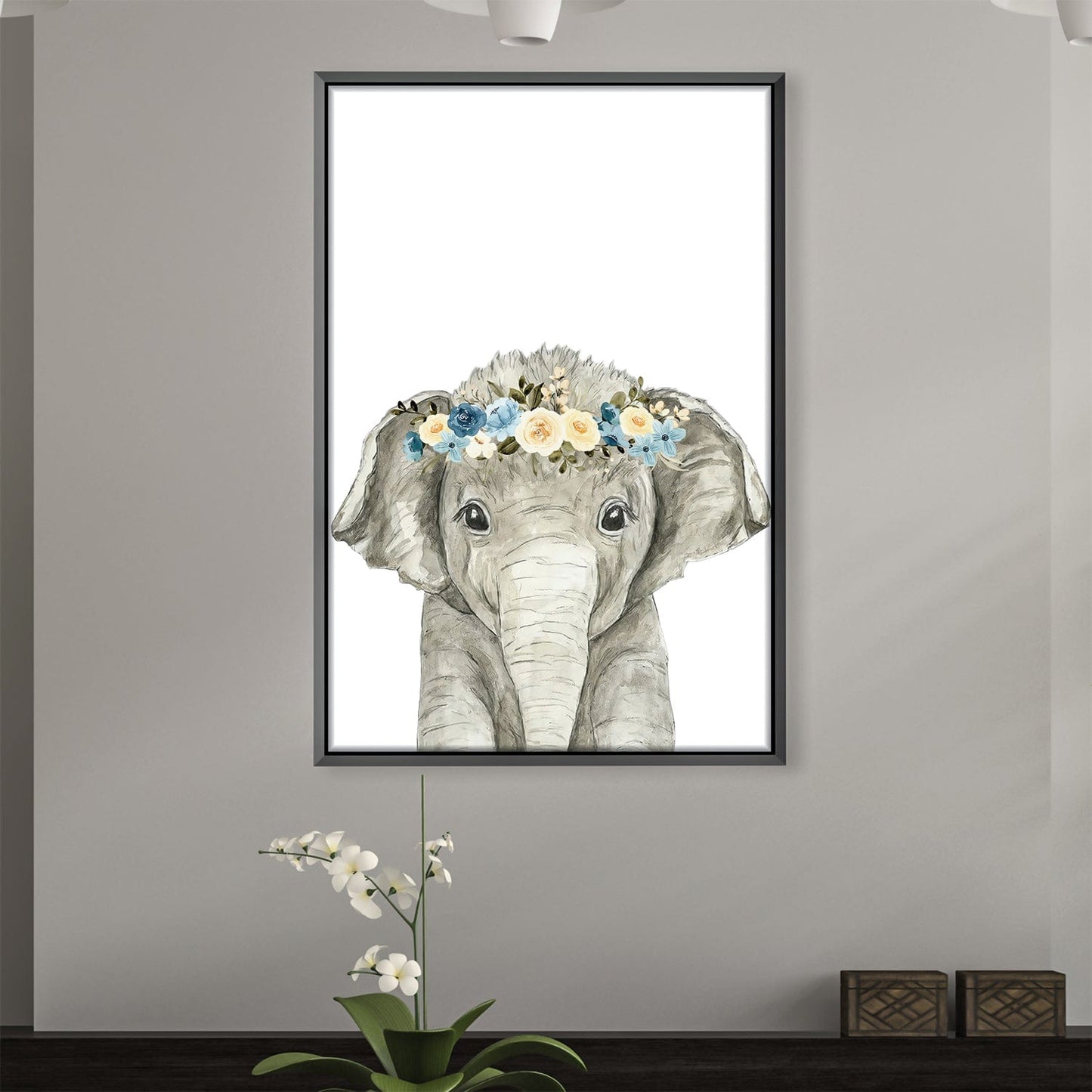 Adorable Baby Elephant Painting with Floral Crown for Nursery Decor