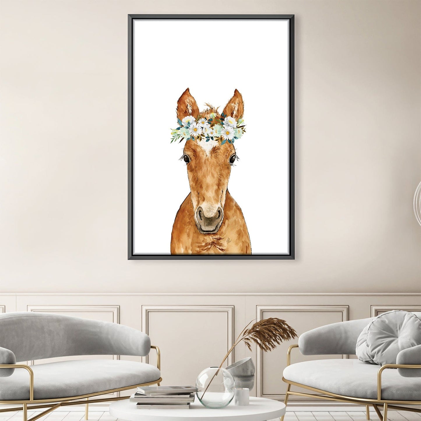 Charming Baby Horse Oil Painting with Floral Crown for Home Decor