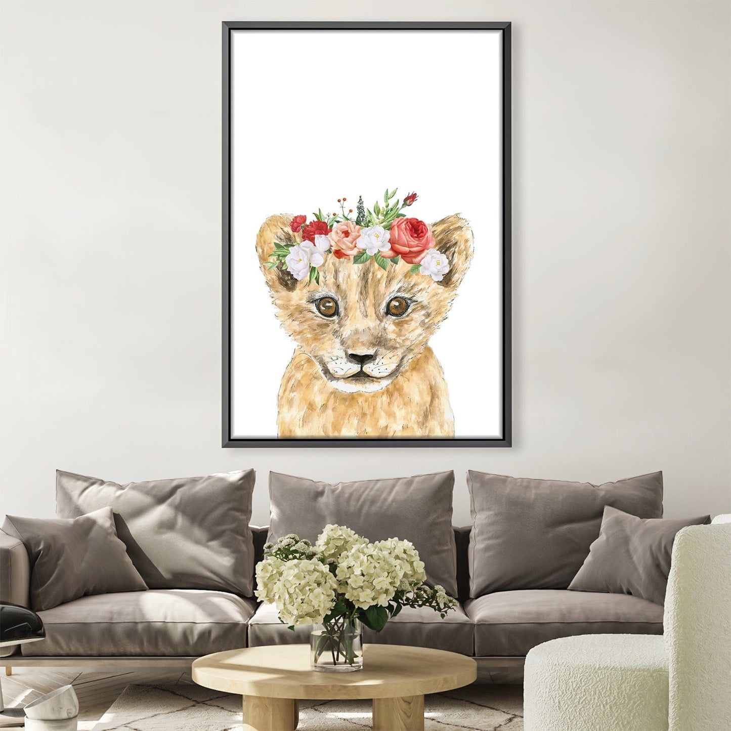 Charming Baby Lion Portrait with Floral Crown for Animal Art Lovers
