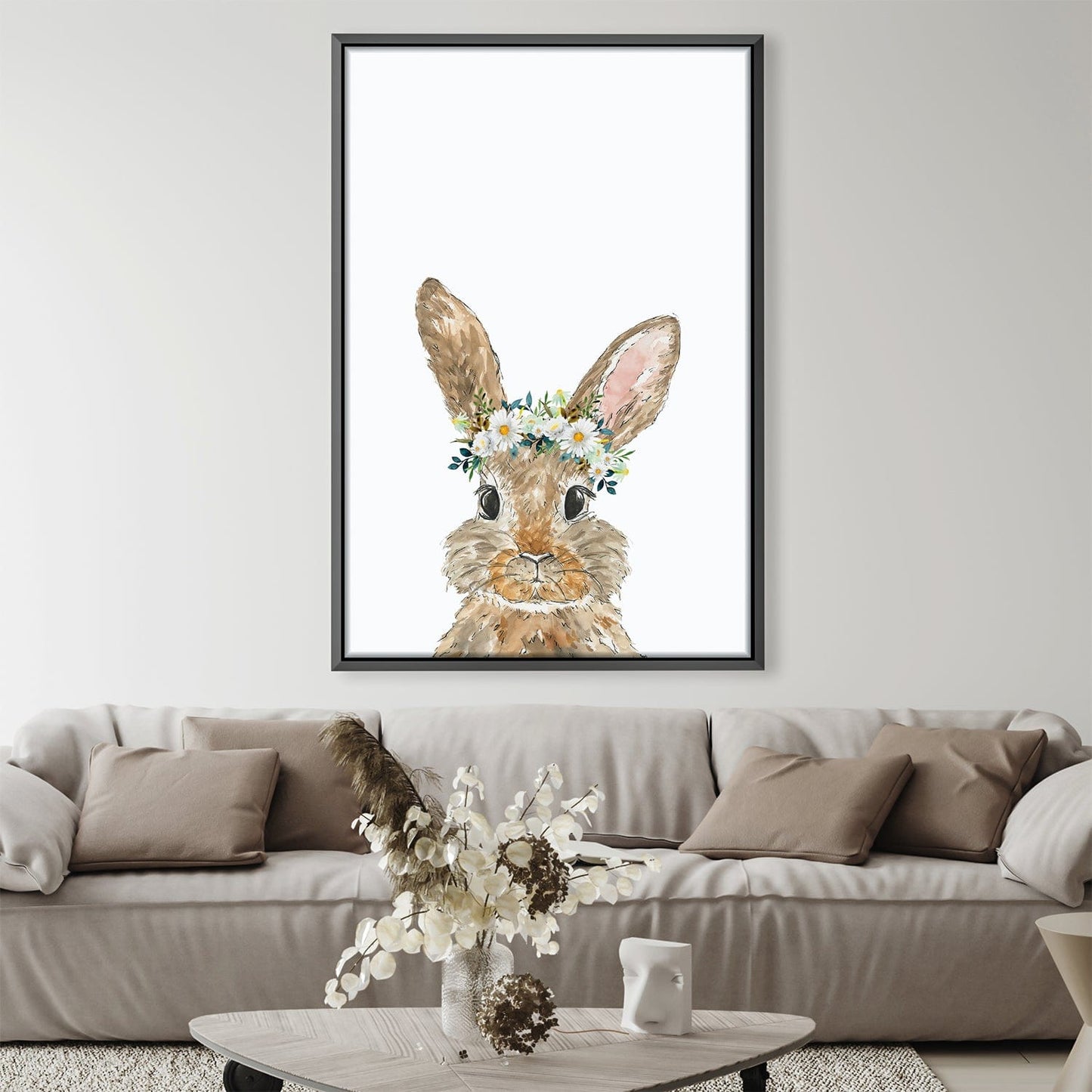 Charming Baby Rabbit Oil Painting with Floral Crown for Nursery Decor