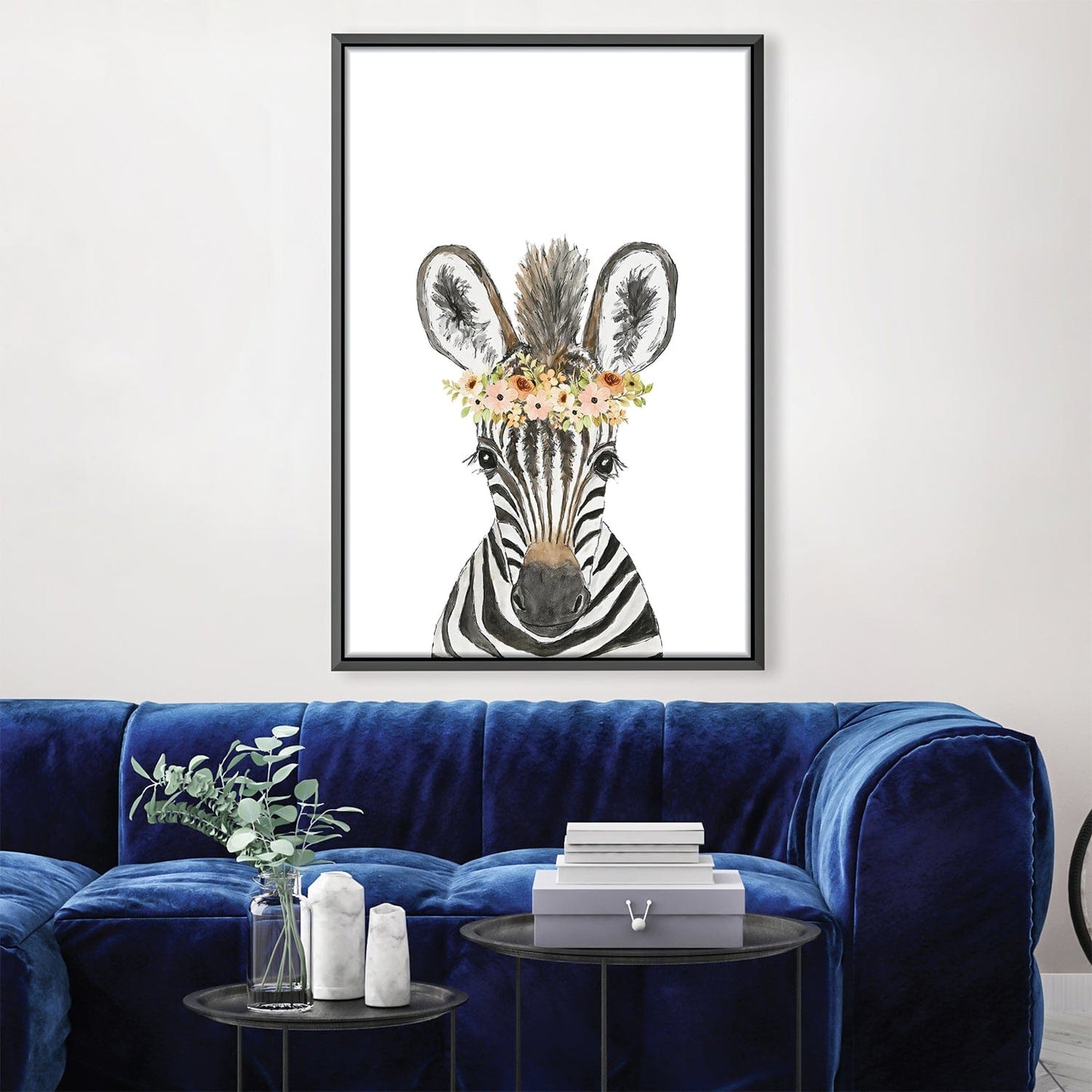 Charming Zebra with Floral Crown - Whimsical Oil Painting for Elegant Decor