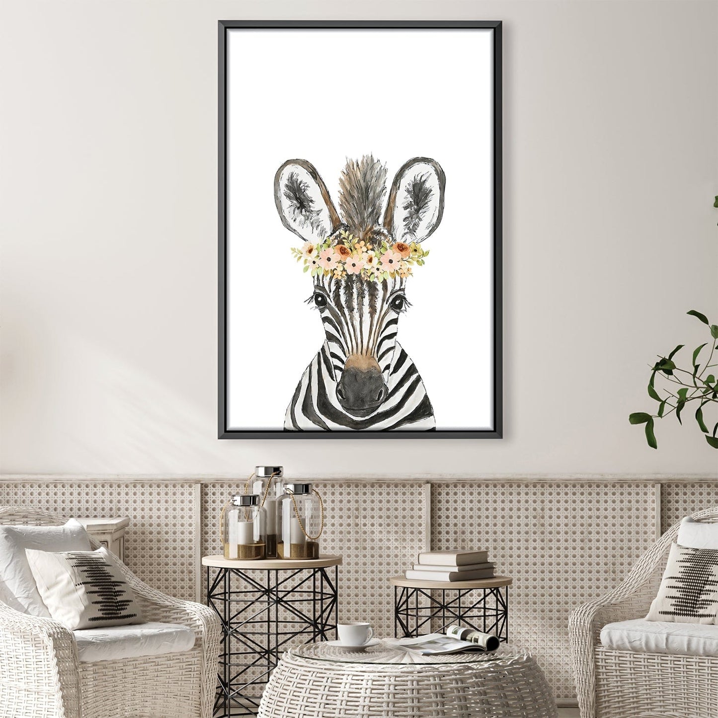 Charming Zebra with Floral Crown - Whimsical Oil Painting for Elegant Decor