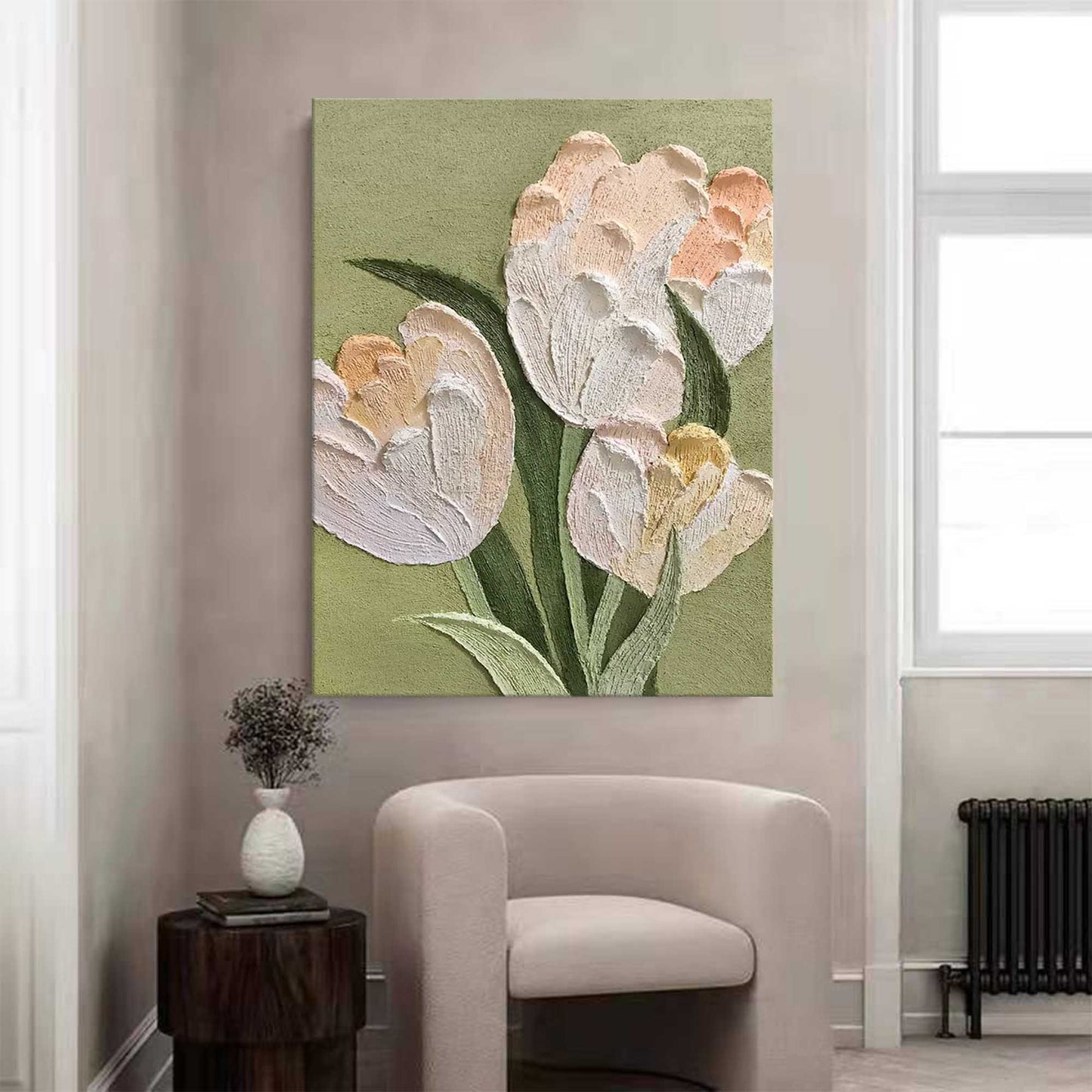 Elegant White Tulip Oil Painting on Green Canvas for Floral Home Decor