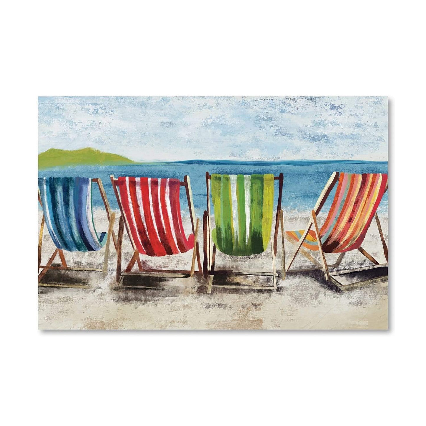 Colorful Beach Chairs by the Sea – Relaxing Ocean View Oil Painting