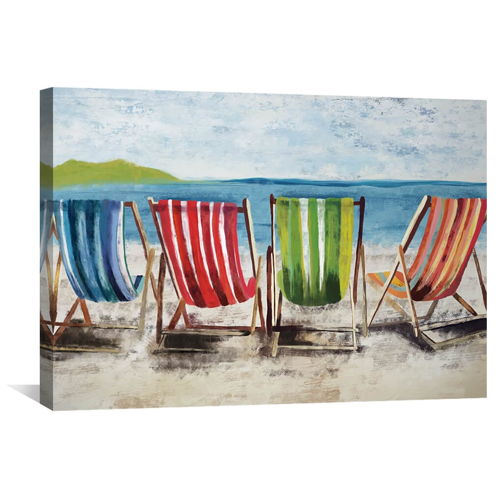 Colorful Beach Chairs by the Sea – Relaxing Ocean View Oil Painting