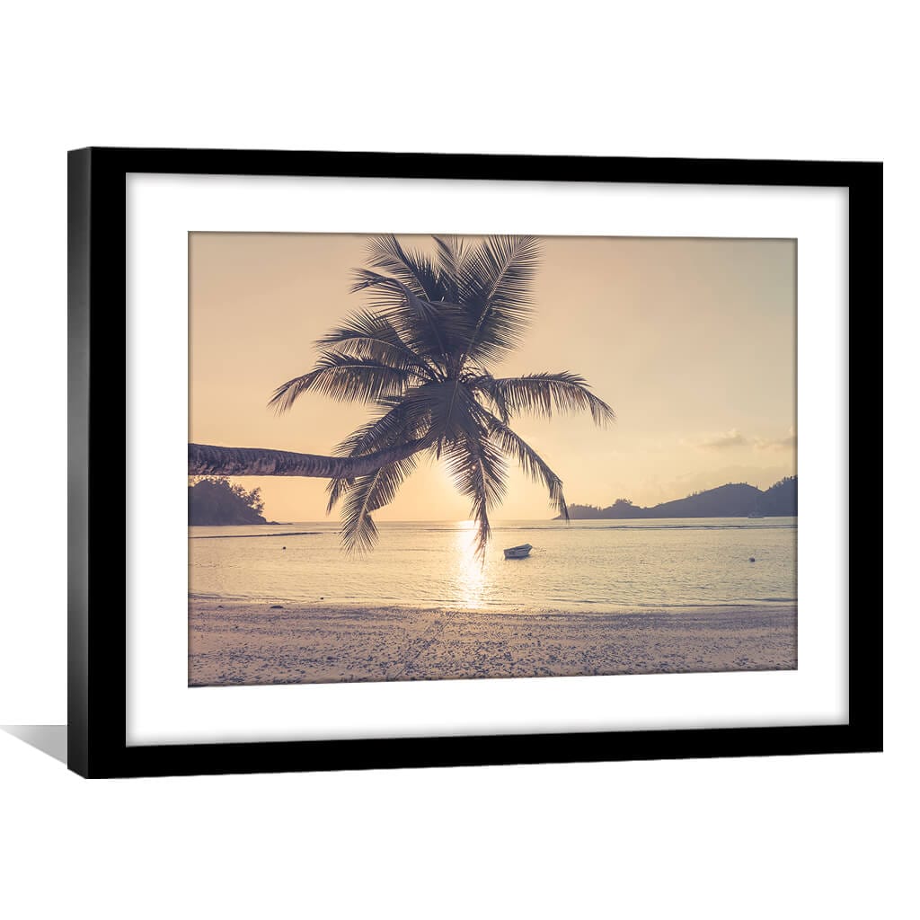 Tranquil Sunset Beach Oil Painting with Palm Trees and Serene Ocean View