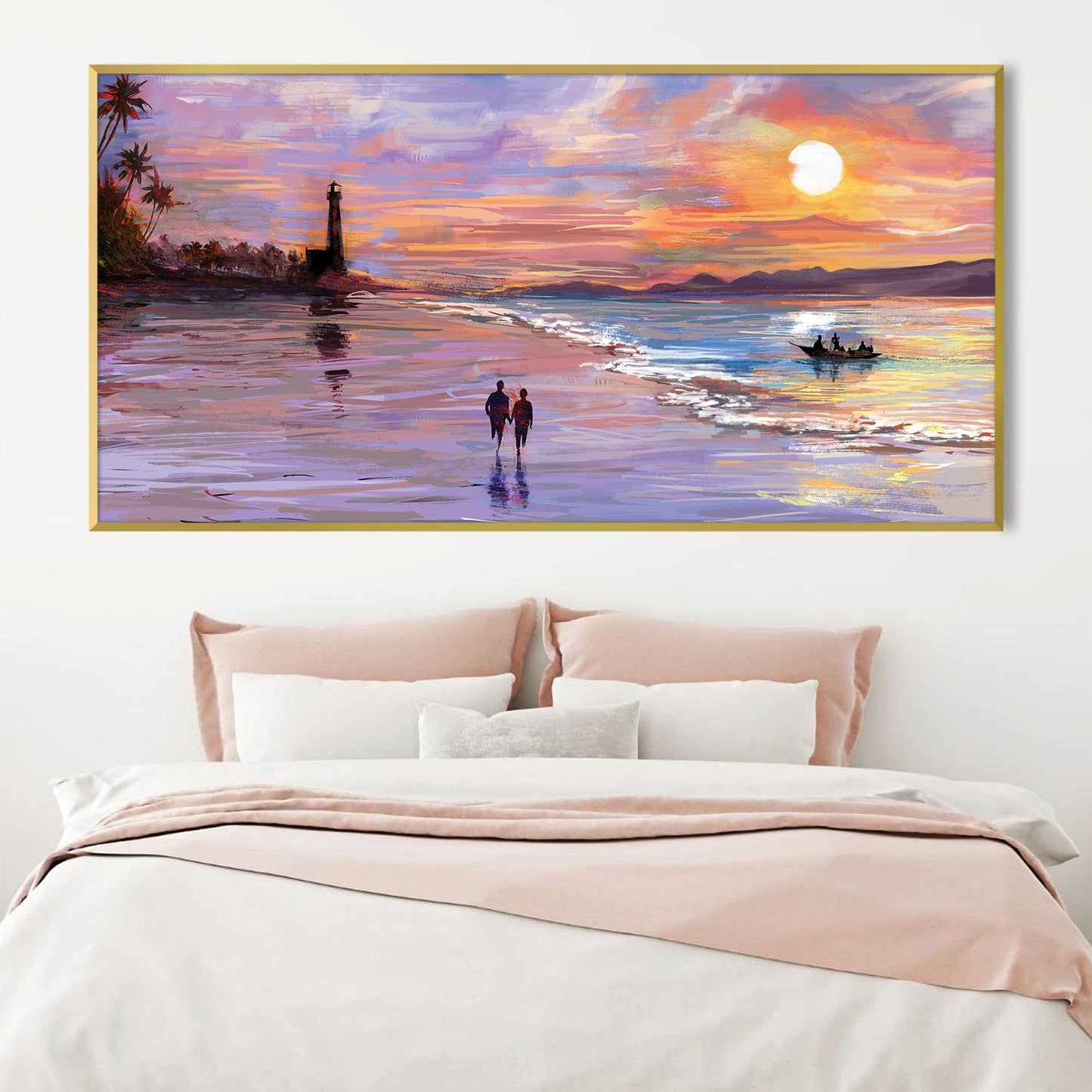 Romantic Sunset Beach Walk Oil Painting for Coastal Home Decor