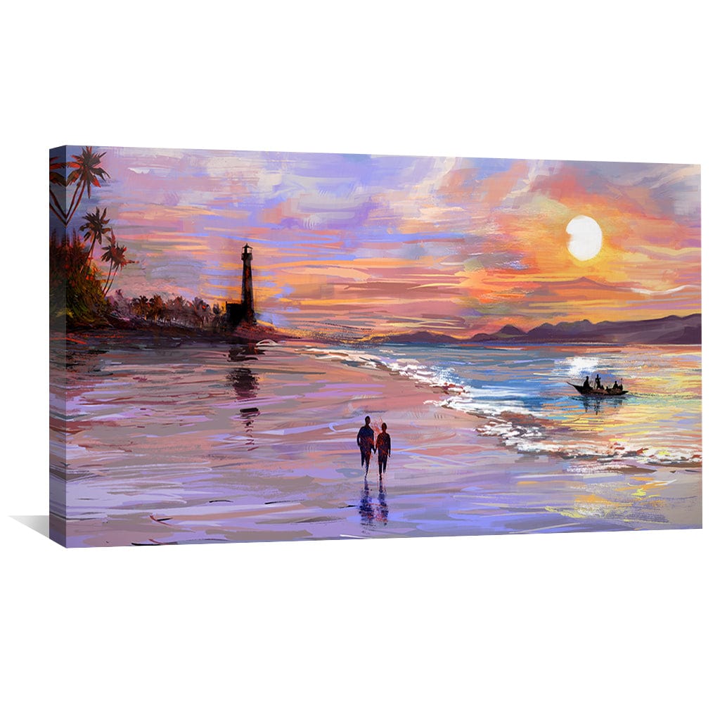 Romantic Sunset Beach Walk Oil Painting for Coastal Home Decor