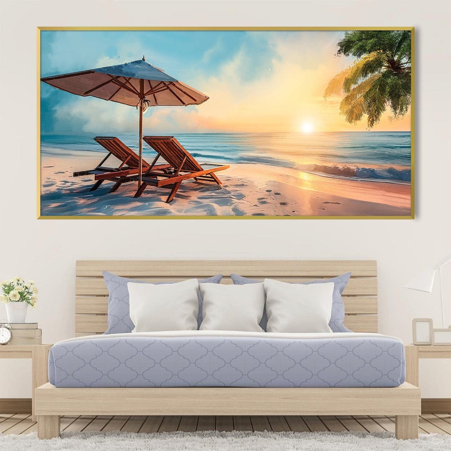Tropical Sunset Serenity: Relaxing Beachside Oil Painting for Home Decor