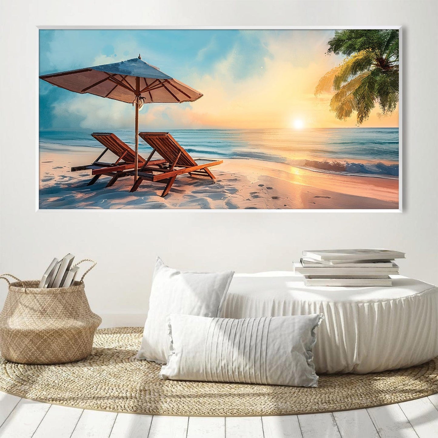 Tropical Sunset Serenity: Relaxing Beachside Oil Painting for Home Decor