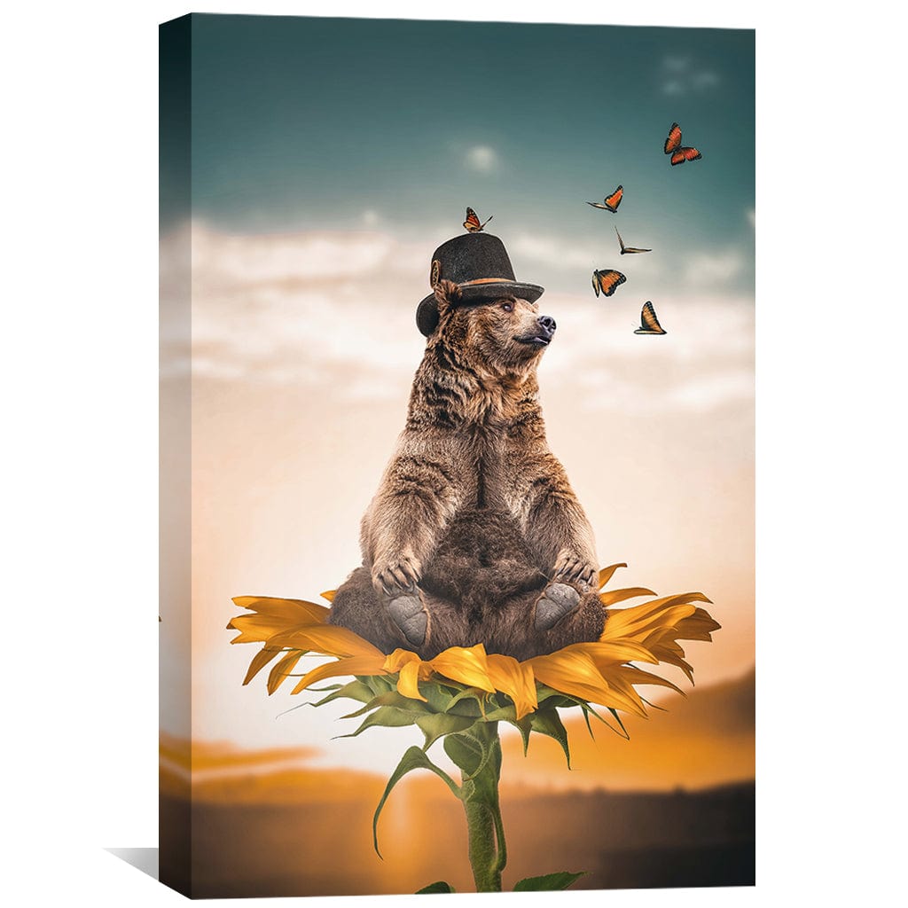 Charming Bear on Sunflower with Butterflies - Whimsical Oil Painting for Home Decor