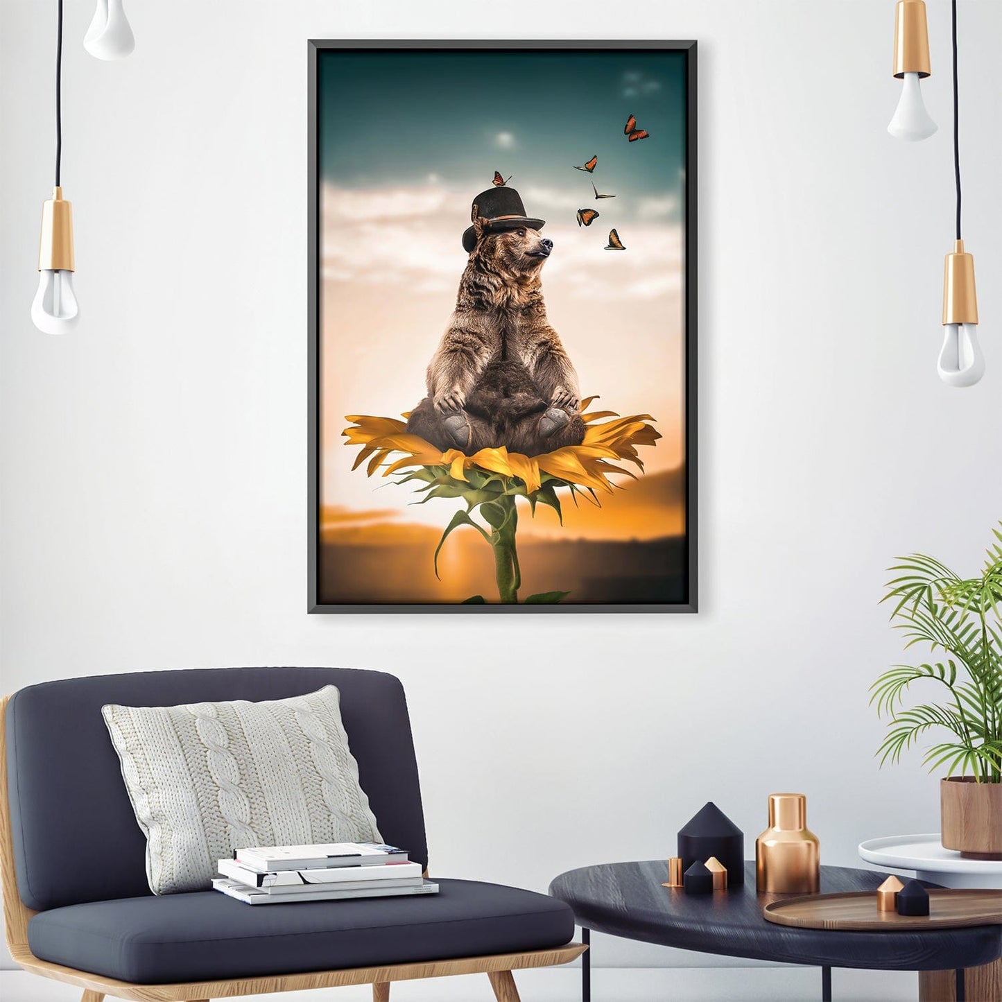 Charming Bear on Sunflower with Butterflies - Whimsical Oil Painting for Home Decor