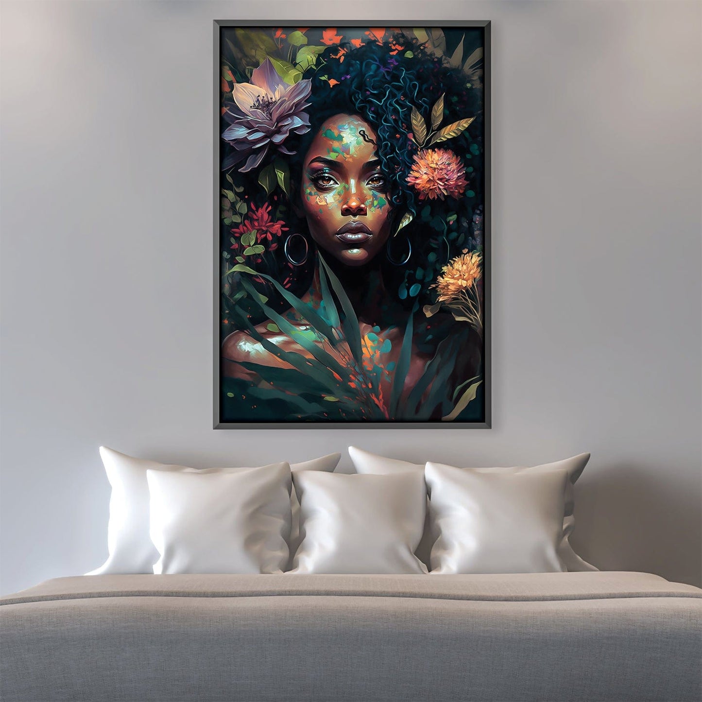 Vibrant Floral Portrait: Captivating Woman Amidst Rich Blooms and Greenery Canvas
