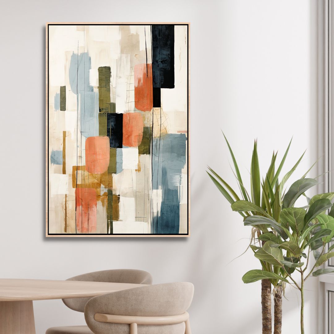 Contemporary Abstract Oil Painting with Beige, Green, Blue and Orange Geometric Shapes