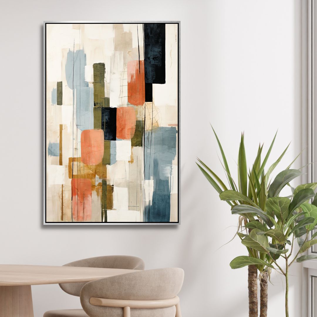 Contemporary Abstract Oil Painting with Beige, Green, Blue and Orange Geometric Shapes