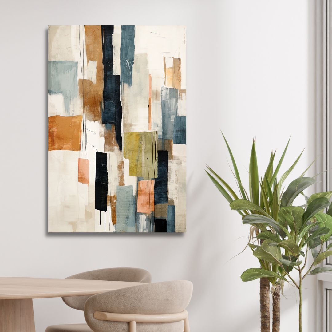 Contemporary Abstract Oil Painting with Beige, Green, Blue and Orange Geometric Shapes