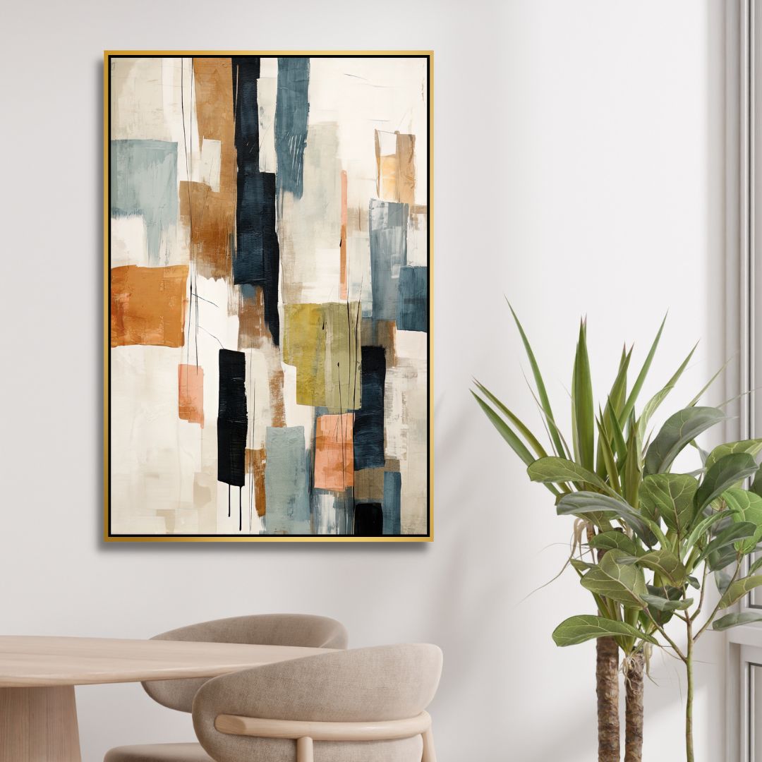 Contemporary Abstract Oil Painting with Beige, Green, Blue and Orange Geometric Shapes