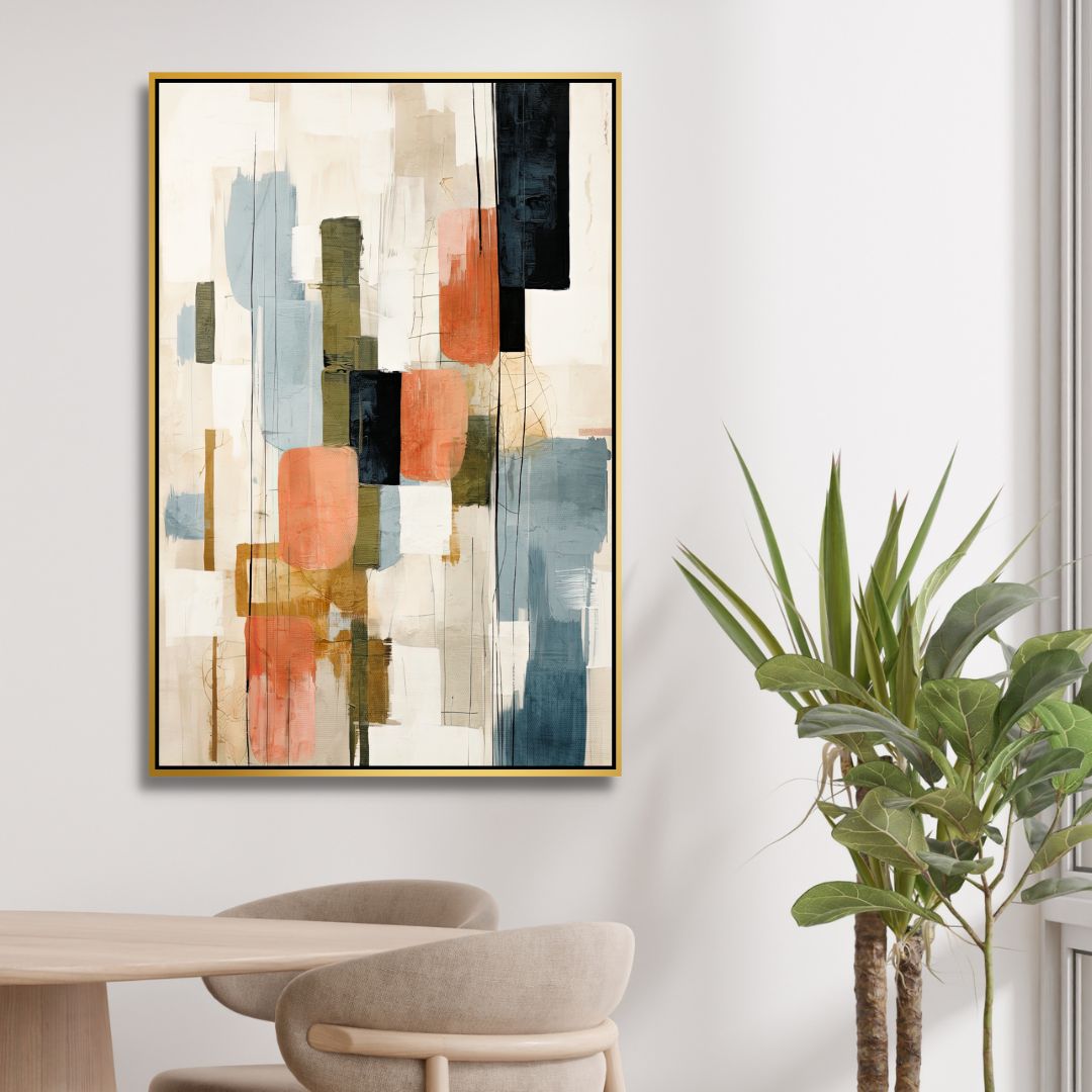 Contemporary Abstract Oil Painting with Beige, Green, Blue and Orange Geometric Shapes